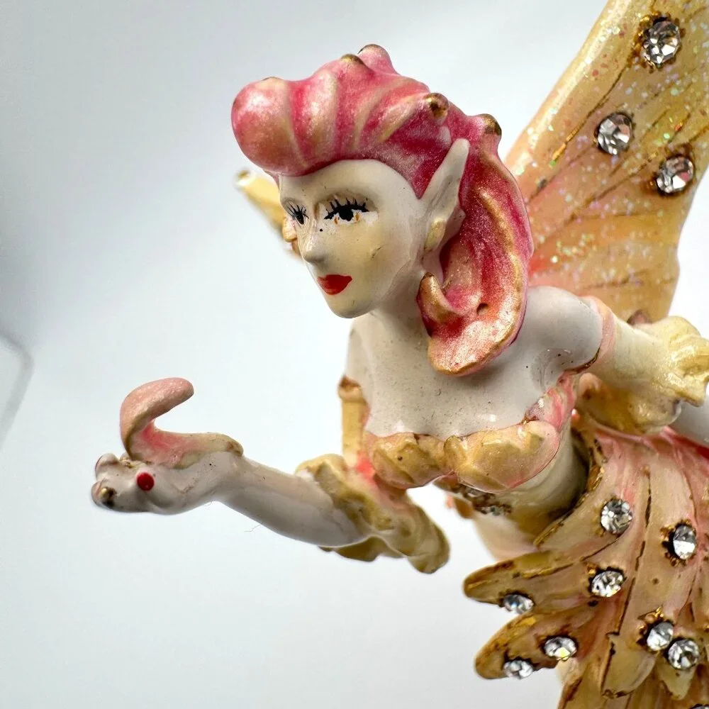 Flamingo Fairy Trinket Box Yellow Wings  Rhinestone Accents Enamel Metal #2